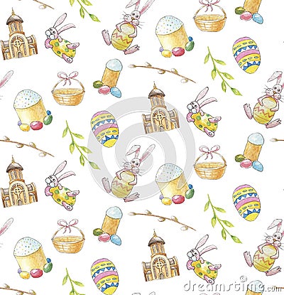 Happy Easter set seamless pattern on white background with church, branch, bunny, cake and egg Stock Photo